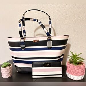 NWOT Kate Spade Matching Multicolor Striped Tote and Wallet w/ Gold Accents
